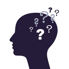 Human head filled with question marks. Concepts of memory loss, learning capacity, brainstorming.