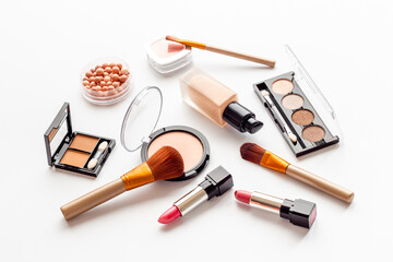Beauty products set of makeup cosmetic with powder and brushes