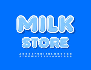 Vector creative logo Milk Store. Cute blue Font. Modern style Alphabet Letters and Numbers set