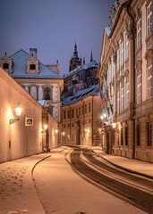 Fototapeta premium city, architecture, prague, church, view, europe, town, building, cityscape, cathedral, travel, tower, old, panorama, landmark, castle, tourism, landscape, czech, panoramic, house, urban, snow, winter