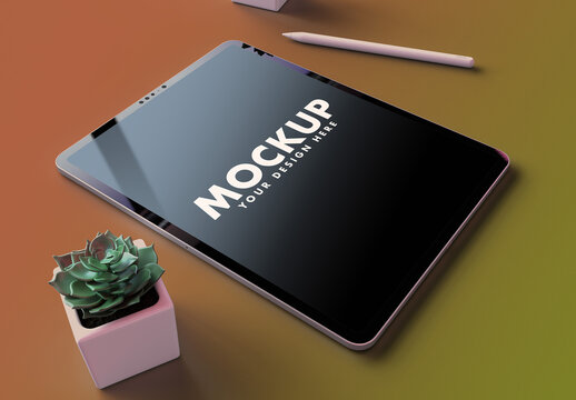 Pro Tablet Mockup on a Autumn Lemonade Background and Trendy Succulent Flower