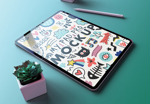Pro Tablet Mockup on a Vintage Green and Blue Gradient Background and Trendy Succulent Flower