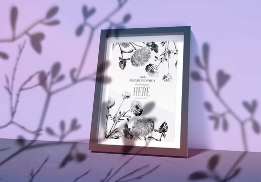 Minimalistic Scandinavian Style Frame Mockup on a Clean Violet Wall with Flower Shadows