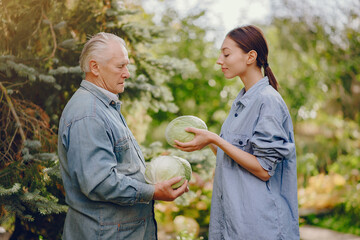 Old senior standing in a summer garden with cabbage