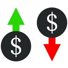 Сost reduction and growth business icons. Arrow dollar icon. Up and down arrow symbol, sign. Vector illustration.
