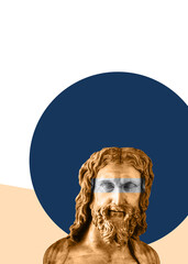Collage with head statue male portrait with blue circle on beige white background. Modern design, art collage