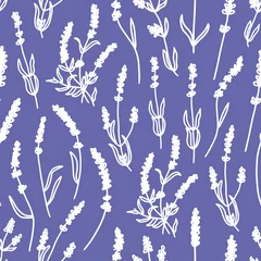 Foto op Plexiglas Naadloos patroon met lavendel. Achtergronden en wallpapers voor uitnodigingen, kaarten, stoffen, verpakkingen, textiel, posters. Vector illustratie. © Kateryna