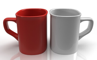Isolated Couple of Cups, Modern Mugs in White and Red Color on White background, 3D Illustration.