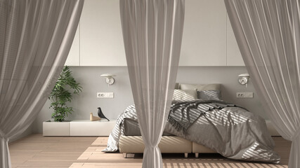 White openings curtains overlay modern bedroom, interior design background, front view, clipping path, vertical folds, soft tulle textile texture, stage concept with copy space