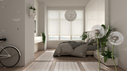 Fluffy airy dandelion with blowing seeds spores over cosy modern white bedroom with double bed, big window. Interior design idea. Change, growth, movement and freedom concept