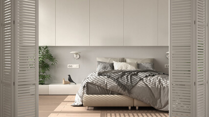White folding door opening on minimalist modern bedroom with double bed, parquet floor, white interior design, architect designer concept, blur background