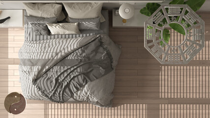 Interior design project with feng shui consultancy, bedroom plan, top view with bagua and tao...