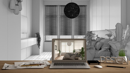 Architect designer desktop concept, laptop on wooden work desk with screen showing interior design project, blueprint draft background, modern white bedroom with double bed