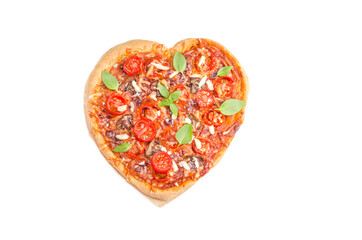 Heart shaped pizza isolated on white background for Valentine's Day