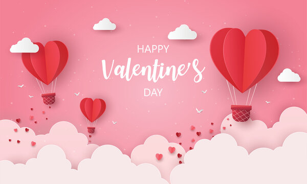 heart balloon floating on pink background. Valentine's day banner. vector illustration in paper craft design. copy space for text in middle. romantic wedding greeting card. love in February 14.