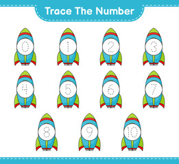 Trace the number. Tracing number with Rocket. Educational children game, printable worksheet, vector illustration