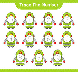 Trace the number. Tracing number with Robot Character. Educational children game, printable worksheet, vector illustration