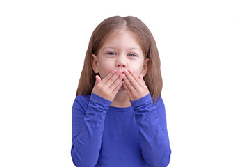 Happy child kid making air kiss isolated on white background looking at camera waist up caucasian little girl of 5 years in blue