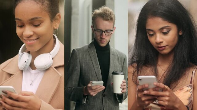 Multiscreen on interracial people using smartphone in everyday life. Nomophobia. Addicted to phone. High quality 4k footage