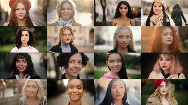 Collage of multi-ethnic diverse women looking at the camera. Beautiful women of different age, background, ethnicity, beauty and hair style smiling together. High quality 4k footage