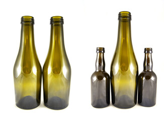 Wine bottle on white background close-up. Glass, vessel, neck, wallpaper, background, texture,...