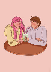 Cute couple on a Valentine's Day Date, drinking bubble tea together