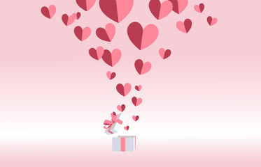 Red hearts with gift box.isolate hearts flying elements on pink background .Vector symbols of love in shape of heart for Valentine's Day,postcard and birthday greeting card .