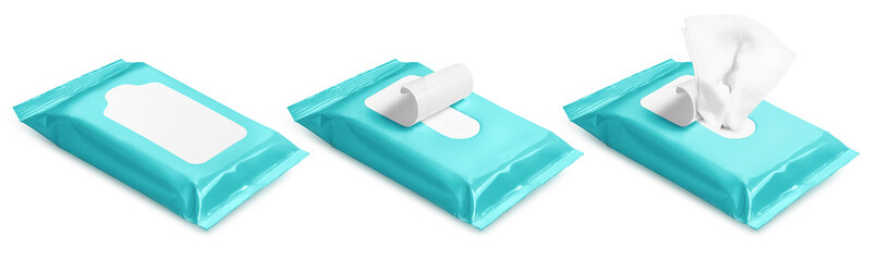 Collection of wet wipes flow packs, isolated on white background