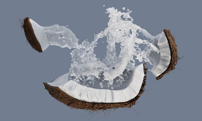 Coconut frame milk with splash isolated on a blue background. 3d illustration