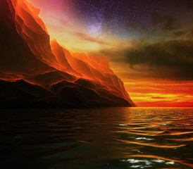 Fantastic sunset over the rocks against the sky with stars and reflections in the water. 3d illustration