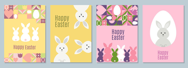 Fototapeta na wymiar Set of Easter greeting cards. Modern geometric abstract pattern and Easter bunny. Perfect for poster, cover or postcard.