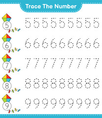 Trace the number. Tracing number with Kite. Educational children game, printable worksheet, vector illustration