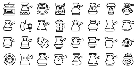 Turkish coffee pot icons set outline vector. Arabic coffee