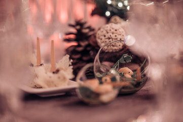 Restaurant table set up. Empty crystal glasses on house dinner table. Restaurant, banquet setting with crystal glasses