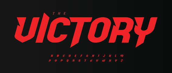 Victory bold font, red Italic speed alphabet with bevel inside letters. Dynamic headline and superhero logo. Type for sport, race, gym, car, automotive, shirts, game, cinema. Vector typography - obrazy, fototapety, plakaty