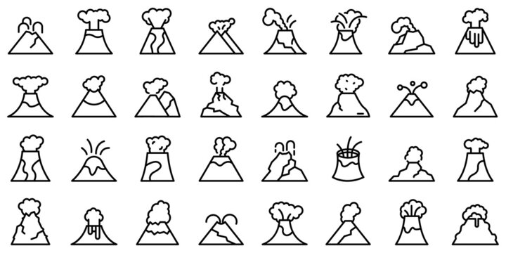 Volcanic eruption icons set outline vector. Adventure climb