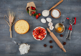 Ingredients for baking cake. Baking background banner. Ingredients variety for cooking dough on a dark rustic table. The recipe for making chocolate cake and cookies. Top view, flat lay.