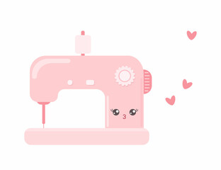 Cute pink sewing machine isolated on white background. Cartoon flat style. Vector illustration