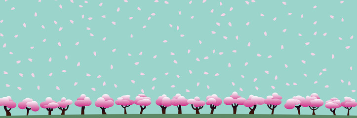 一面の桜の木とエメラルドグリーンの空と花びら 3