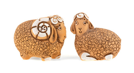 two lamb made of clay handmade isolated on white background
