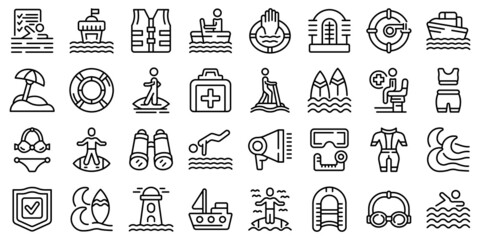 Water safety training icons set outline vector. Beach assistance