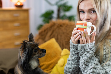 A young woman is drinking tea from a cup with colorful stripes and a dog is looking at her. Close-up frame. Multi-breed dog.