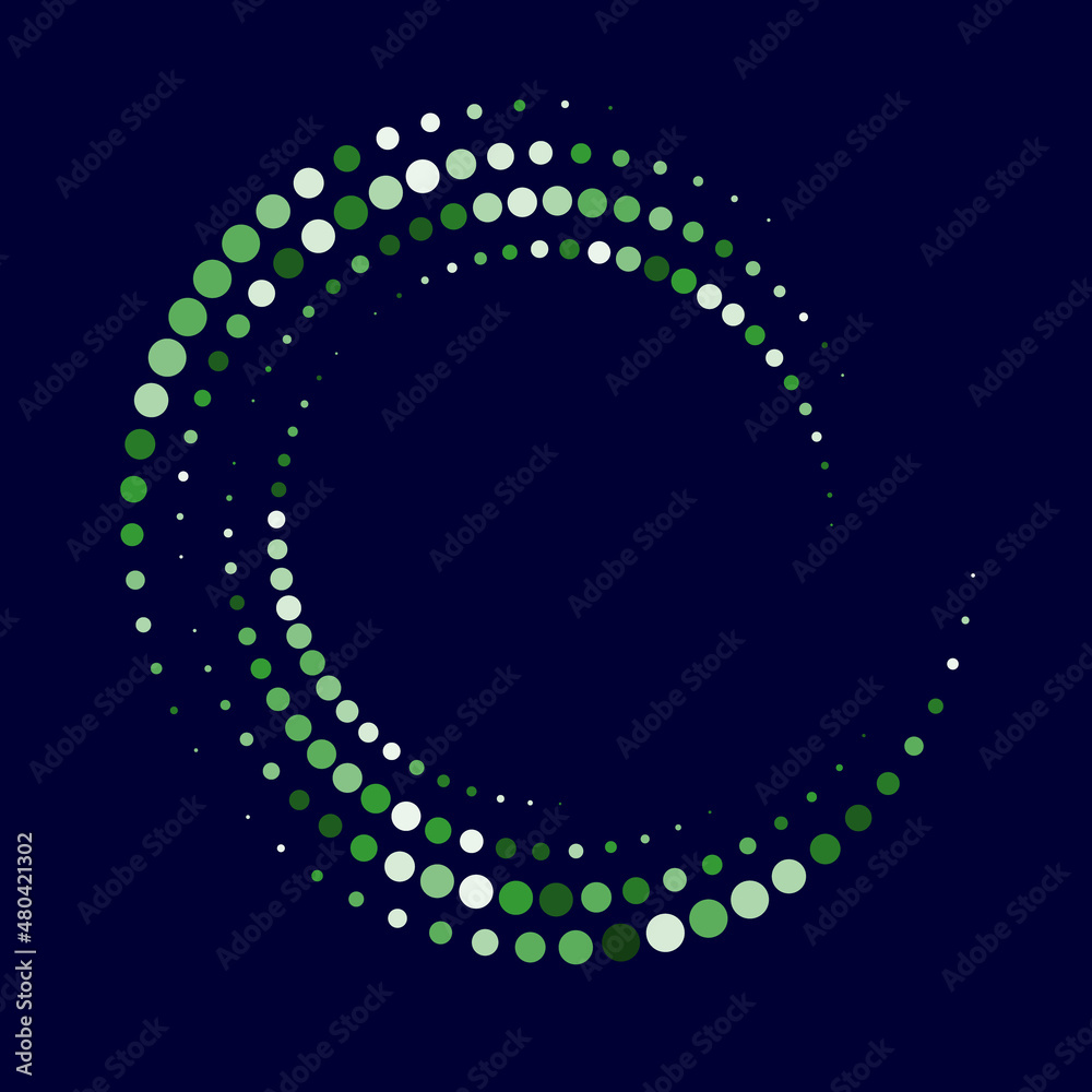 Poster green and white colors dots in halftone spiral. abstract vector background.