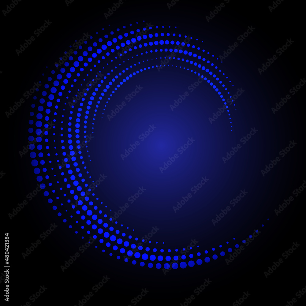 Poster blue halftone dots in spiral. abstract vector background.