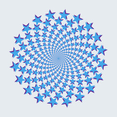 Halftone blue stars in circle form with shadow. Abstract psychedelic vector background.