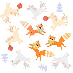 Foxes and unicorns frolic among the snow-covered Christmas trees isolated on a white background. Wonderful endless fabric for baby. Vector design.