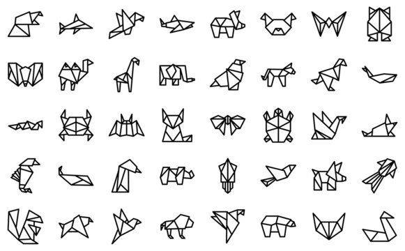 Origami Animals Icons Set Outline Vector. Paper Fish