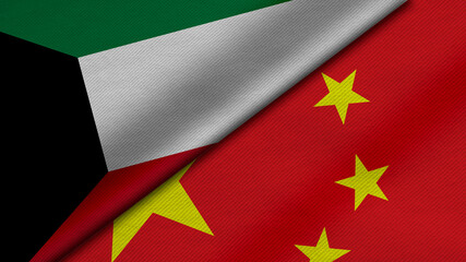 3D Rendering of two flags from State of Kuwait and China with fabric texture, bilateral relations, peace and conflict between countries, great for background