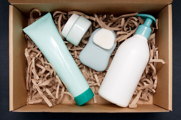 Gift spa box with a sponge for facial skin care, moisturizing lotion and cream. Natural cosmetics concept