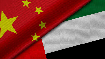 3D Rendering of two flags from China and United Arab Emirate together with fabric texture, bilateral relations, peace and conflict between countries, great for background